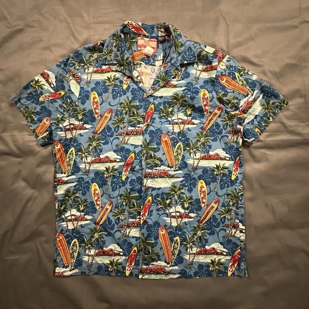 Vintage 90s RJC Hawaiian Shirt Mens Large Made In Hawaii Surf Beach Blue Button